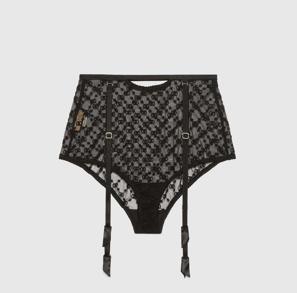 Gucci GG Star Embroidered High-Waisted Garter Lingerie Briefs Black (Size M)